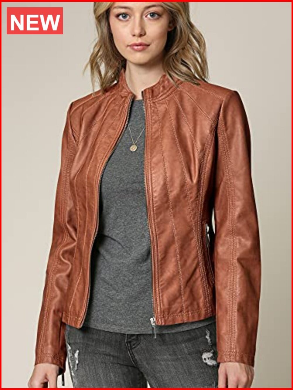 Faux Leather Moto Biker Jacket with Stitching Detail - Picture 2 of 7